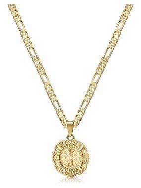 Initial J Pendant Necklace Stainless Steel 14K Gold Filled Figaro Chain 20in